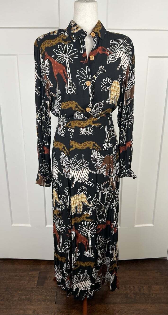 Vintage 80s Jones Sport Dallas 2 Piece Safari Animal Print Rayon Set M USA